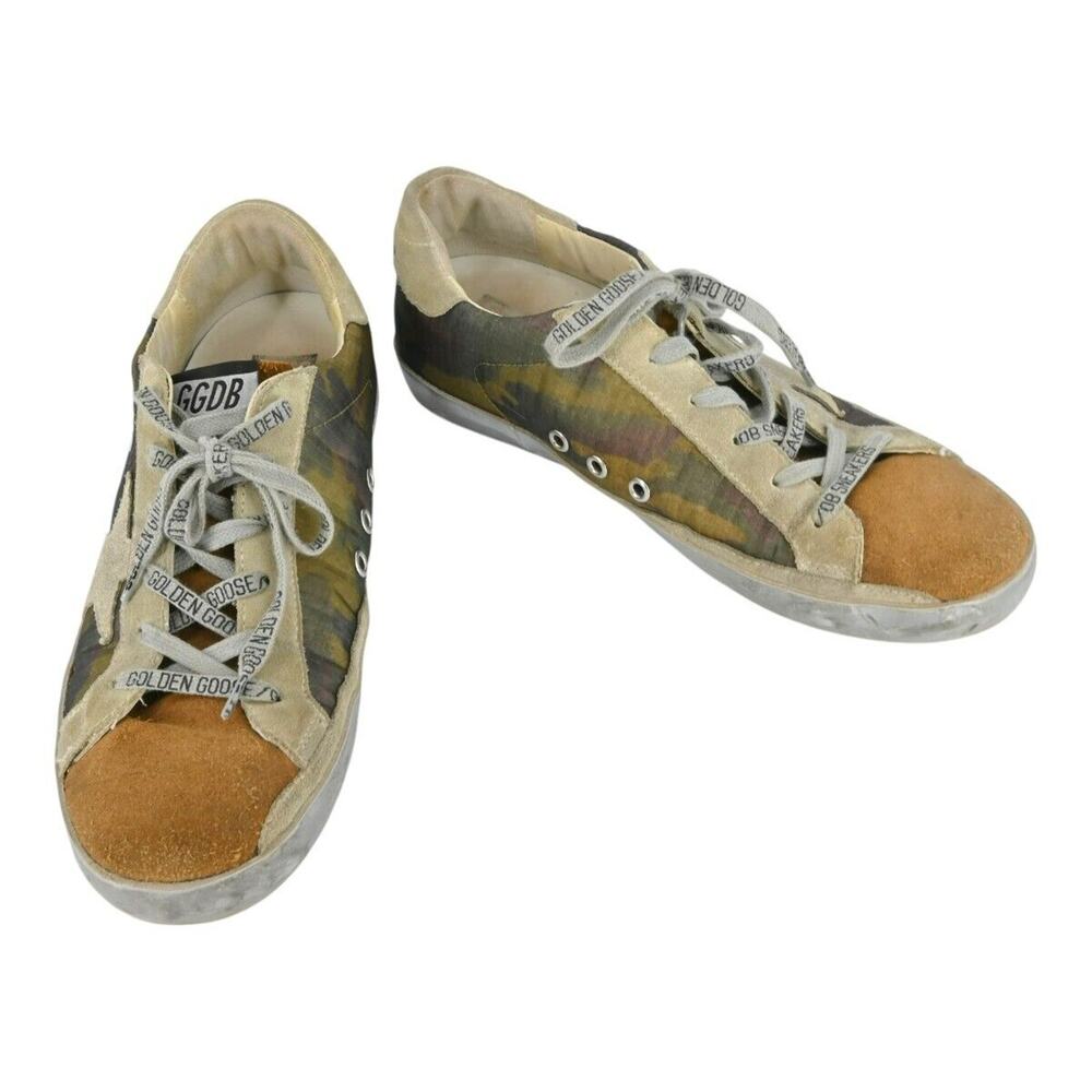 Golden Goose Tan Suede Green Camo Distressed Superstar Sneakers Size 40
